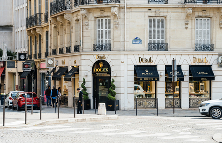PARIS, FRANCE - MAY 21, 2016: Dubail Rolex watch luxury fashion store facade signage in central Paris streetのeditorial素材
