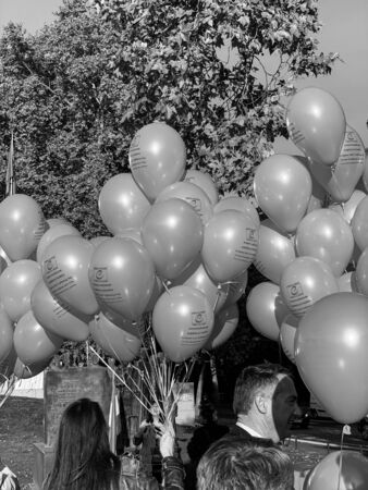 STRASBOURG, FRANCE - OCT 18, 2018: Permanent Representation of the Netherlands balloon launch in front of Council of Europe inauguration of the exhibition Open Your Eyes to Human Traffickingのeditorial素材