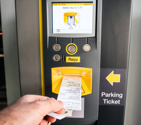 BASEL, SWITZERLAND - MAR 22, 2018:Point of view of male hand taking the ticket and invoice out from...