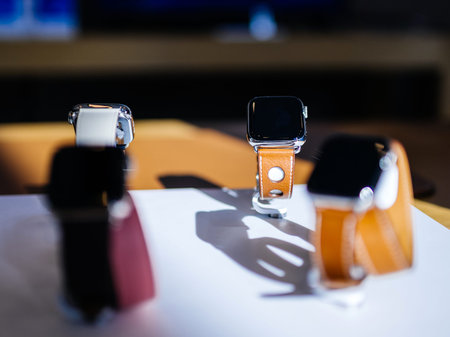 PARIS, FRANCE - OCT 26, 2018: Focus on hero object of the latest Apple Watch Series 4 in Apple Store...