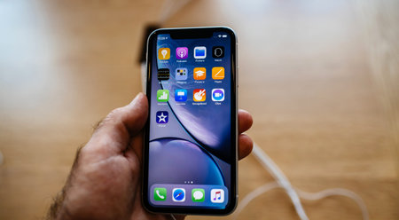 PARIS, FRANCE - OCT 26, 2018: New iPhone XR smartphone in Apple Store Computers during the launch...