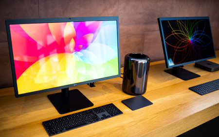 PARIS, FRANCE - NOV 7, 2018: Hero object of old Mac Pro trashcan computer inside Apple Store