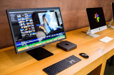 PARIS, FRANCE - NOV 7, 2018: Hero object of new Apple Mac Mini computer with the new processor cpu,...