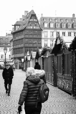 STRASBOURG, FRANCE - DEC 11, 2018: Closed Christmas Market in Strasbourg a day after Cherif Chekatt killed at least two people and wounded 12 - black and whiteのeditorial素材