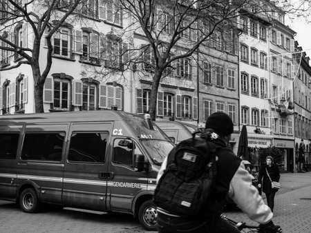 STRASBOURG, FRANCE - DEC 11, 2018: Police blue vans on the Grande Rue street after the terrorist attack in the Strasbourg Christmas market areaのeditorial素材