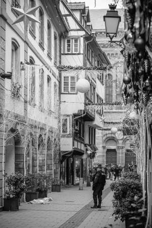 STRASBOURG, FRANCE - DEC 11, 2018:Bravo 2 officer securing crime scene area with blood traces of terrorist attacks on Rue des Orfevres a day after Cherif Chekatt terrorist attacksのeditorial素材