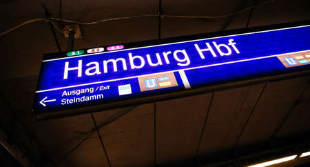 HAMBURG, GERMANY - MAR 20, 2018: Hamburg Hauptbahnhof blue sign inside the train stationのeditorial素材