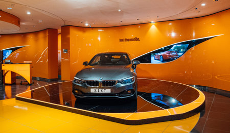 HAMBURG, GERMANY - MAR 20, 2018: Luxury BMW coupe limousine presented at the SIXT rent-a-car stand...