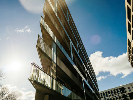 HAMBURG, GERMANY - MAR 20, 2018: Modern residential and office building - low angle viewのeditorial素材
