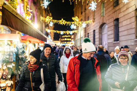 STRASBOURG, FRANCE - NOV 29, 2017: Very busy Rue du Maroquin street in central Strasbourg with Christmas Decorated houses in the evening - sightseeing of annual Christmas  Marketのeditorial素材
