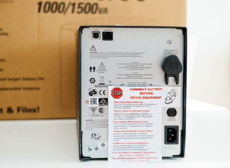 PARIS, FRANCE - MAR 24, 2018: Rear view of new APC Smart-UPS C 1000VA LCD 230V enterprise-level...