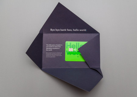 Paris, France - Mar 14, 2018: Beautiful packaging unboxing presenting new TransferWise Borderless...