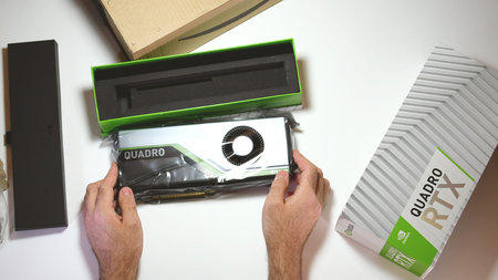 Paris, France - Feb 20, 2019: POV unboxing latest Nvidia Quadro RTX 5000 workstation professional...