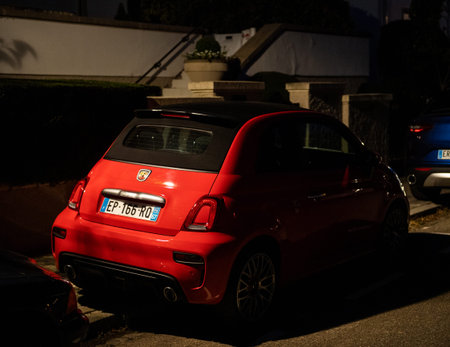 Strasbourg, France - Cot 13, 2018: Red Fiat abrath car parked in French city at night
