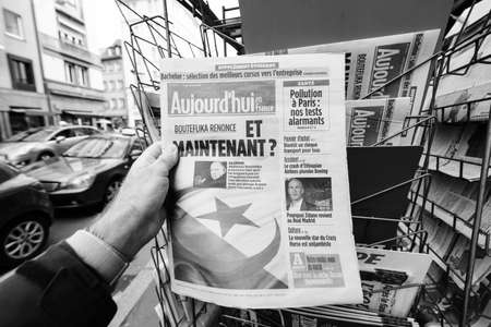 Paris, France - Mar 12, 2019: French newspaper Aujordhui featuring news that Algeria ailing President Abdelaziz Bouteflika announced he is dropping his bid for a fifth term in office black and whiteのeditorial素材