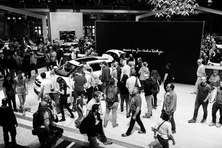 PARIS, FRANCE - OCT 4, 2018: Elevated view of customers and curious people admiring the new luxury Citroen C3 at International car exhibition Mondial Paris Motor Show, model produced French car maker black and whiteのeditorial素材