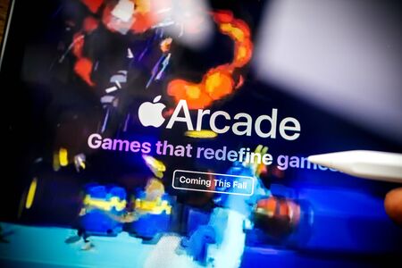 Paris, France - Mar 27, 2019: New Apple Arcade seen on modern Ipad Pro tablet featuring the new subscription model for over 100 groundbreaking new gamesのeditorial素材