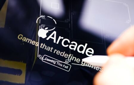 Paris, France - Mar 27, 2019: Apple Arcade icon seen on modern Ipad Pro tablet featuring the new subscription model for over 100 groundbreaking new games coming this fallのeditorial素材