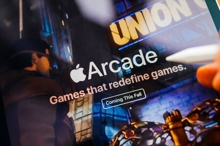 Paris, France - Mar 27, 2019: Apple Arcade icon seen on modern Ipad Pro tablet featuring the new subscription model for over 100 groundbreaking new gamesのeditorial素材