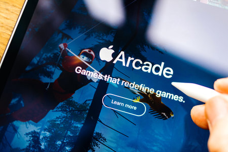 Paris, France - Mar 27, 2019: New Apple Arcade icon seen on modern Ipad Pro tablet featuring the new...