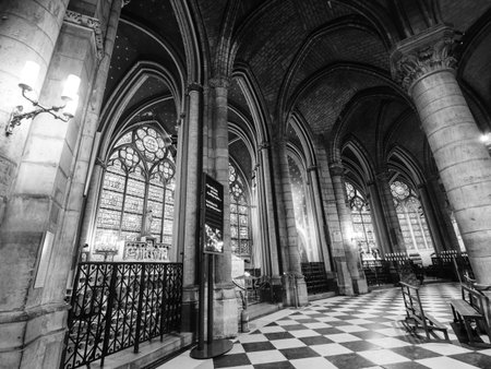 Paris, France - Apr 15, 2018: Empty interior of Notre-Dame Cathedral a few minutes before the...
