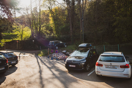 Ribeauville, France - Apr 19, 2019: Horizontal image of multiple cars from France, Belgium and...