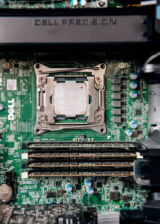Paris, France - Apr 17, 2019: Dell Precision workstation with dual CPU one of it with applied thermal paste for the heatsink  and multiple RAM modulesのeditorial素材