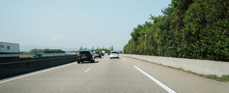 France - Apr 19, 2019: Light traffic on French highway perspective view at the long autoroute to French Vosges mountainsのeditorial素材