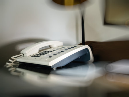 Luxury wired phone on five star hotel room - side view on the wooden table