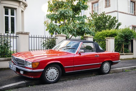 Strasbourg, France - May 19, 2017: Front view of luxury vintage red convertible cabriolet...