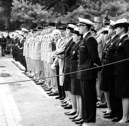 STRASBOURG, FRANCE - MAY 8, 2017: Side view of large group of military personnel at ceremony to mark Western allies World War Two victory Armistice in Europe - square imageのeditorial素材