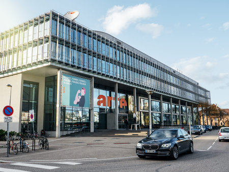 Strasbourg, France - Mar 10, 2019: Side view of headquarter of Franco-German free-to-air television network that promotes cultural programming Arte televisions in Strasbourgのeditorial素材