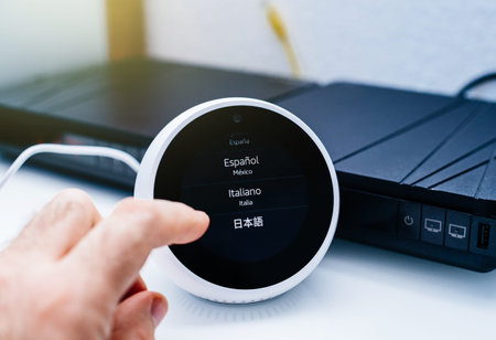 Paris, France - Apr 28, 2019: Installation of new Amazon Echo with personal assistant Alexa with...