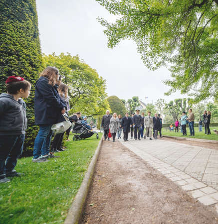 STRASBOURG, FRANCE - MAY 8, 2017: Mayor of Strasbourg Roland Ries and high ranked officials ar ceremony to mark Western allies World War Two victory Armistice - low angle viewのeditorial素材