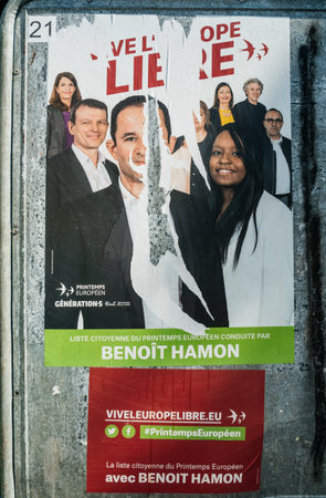 Strasbourg, France - May 23, 2019: Damaged Posters in green sunny park for 2019 European Parliament...