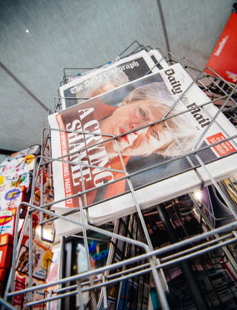 Strasbourg, France - May 27, 2019: British Daily Mail newspaper seen at press kiosk newsstand with the Theresa May crying announcing resignationのeditorial素材