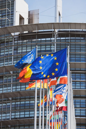 Flags of all states members of European Union waving in calm wind in front of the Parliament...