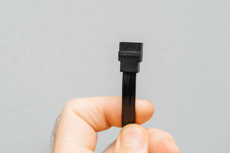 PAris, France - Oct 5, 2017: Man hand holding Foxconn new black S-ATA DATA Cable used to connect HDD...