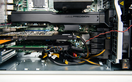 London, United Kingdom - Oct 4, 2017: Interior of new powerful Dell Precision Workstation with...