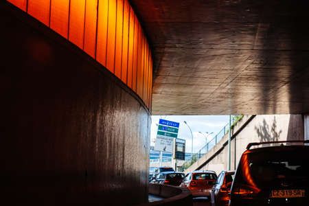 Paris, France - May 14, 2014: Driver POV point of view personal perspective at the traffic jam front driving cars inside the tunnels of Paris Peripherique ring roadのeditorial素材