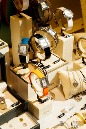 Strasbourg, France - July 22, 2017: Multiple luxury watches and jewelries from Poiray, Chanel, Gucci, Gold and diamonds for sale with their expensive pricesのeditorial素材