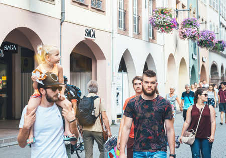 Strasbourg, France - July 22, 2017: Pedestrians people walking on Rue des Grandes Arcades street - pedestrian street in central Strasbourgのeditorial素材