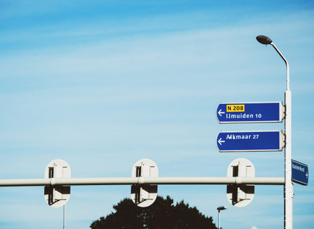 Futch street highway sign with directions to IJmuiden, Alkmaar,- clear blue sky inthe background