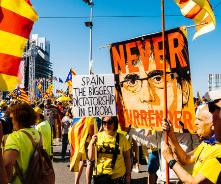 Strasbourg, France - Jul 2 2019: Never surrender people with flags demonstrate protest front of EU European Parliament against exclusion of three Catalan elected MEPsのeditorial素材