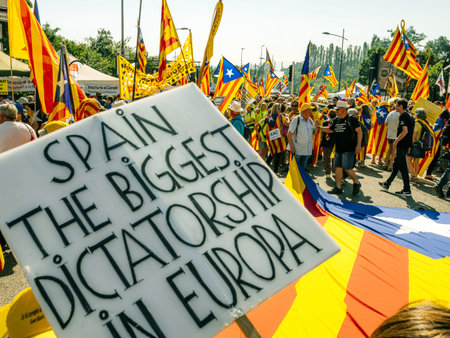 Strasbourg, France - Jul 2 2019: Spain the biggest dictatorship in Europe protest placard with...