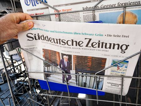 Paris, France - Jul 24, 2019: POV newspaper stand Boris Johnson appears on front page of the German Sueddeutsche Zeitung after been elected new Conservative leader becoming Prime Minister of the United Kingdomのeditorial素材