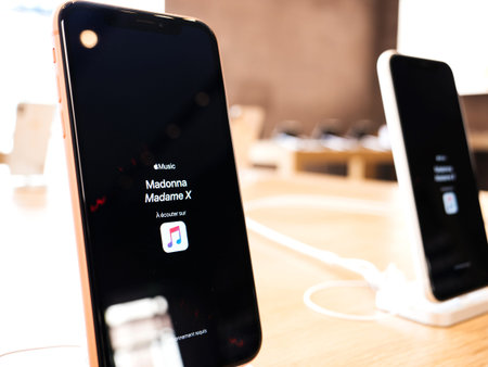 Paris, France - Jul 24, 2019: New modern Apple Store with advertising on the new iPhone smartphone...