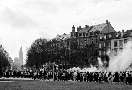 STRASBOURG, FRANCE - FEB 02, 2018: People marching during protest of Gilets Jaunes Yellow Vest manifestation anti-government demonstrations on Place de Bordeauxのeditorial素材