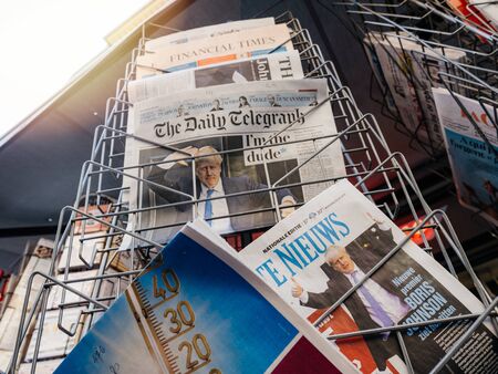 Paris, France - Jul 24, 2019: Boris Johnson appears on cover pages of international newspaper as he becomes UK United Kingdom Prime Ministerのeditorial素材
