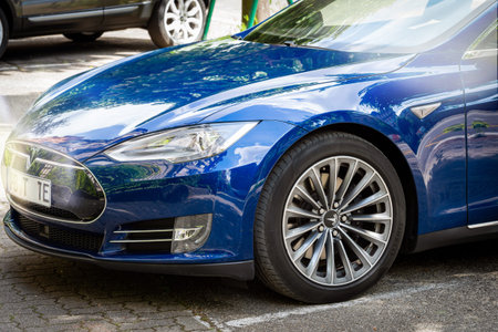 Strasbourg, France - May 19, 2016: Front part of new modern luxury Tesla Model S 90D electric...
